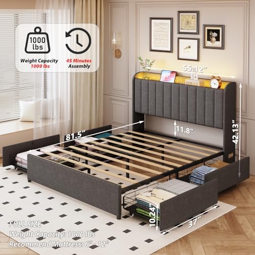 Full Bed Frame with 4 Drawers and Storage Headboard, Upholstered Platform Bed Frame Full Size with Led Lights and Handy Charging Station, No Box Spring Needed, Easy Assembly, Noise Free, Gray