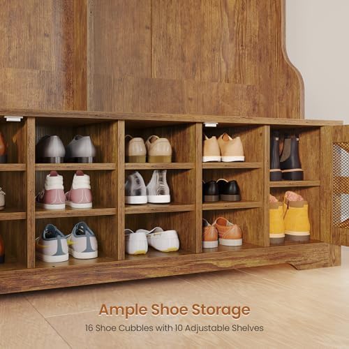 Itaar Hall Tree with Bench and Shoe Storage, 5-in-1 Entryway Bench with Coat Rack, 16 Shoe Cubbies & 12 Coat Hooks, Barn Door & Adjustable Shelf (Rustic Brown)