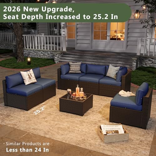 Aoxun 7 Piece Patio Furniture Set Wicker Rattan Patio Sectional Sofa Set Outdoor Seating Furniture with Thickened Cushion, Navy Blue