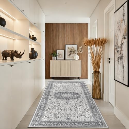 Hallway 4x8 Washable Runner Rug: Oriental Stain Resistant Entryway Kitchen Rug Farmhouse Soft Carpet for Bathroom Bedroom Thin Laundry Room Floor Mat with Non Slip Backing for Pets Family(4x8,Grey)
