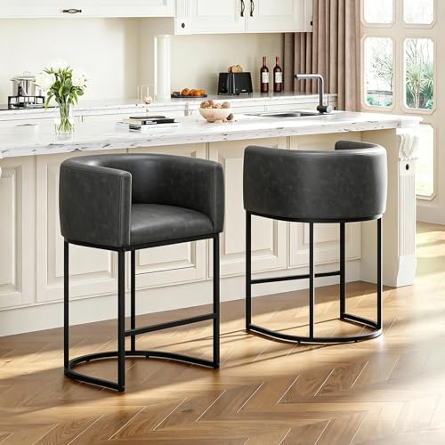 26" H Counter Height Bar Stools Set of 2, Modern Barrel Counter Stools with Backrest and Arms, Faux Leather Upholstered Accent Barstools for Kitchen Island,Support 450 LBS (Black)