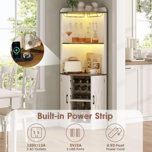 Vabches Farmhouse Corner Bar Cabinet with LED Lights Wine Bar Cabinet White