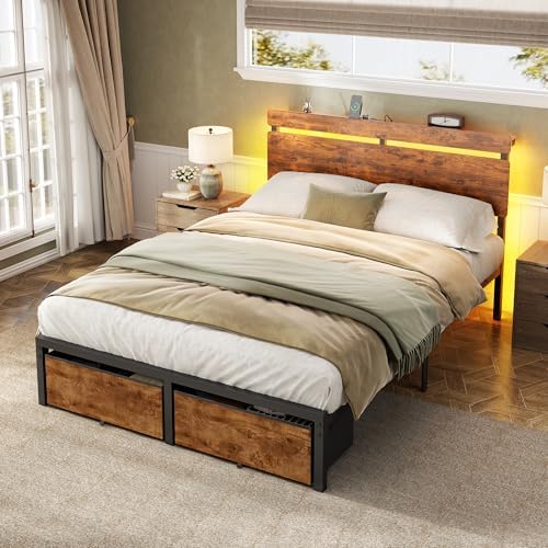 Forestell Full Size Bed Frame with Wood Headboard,2 Storage Drawers & Shelf