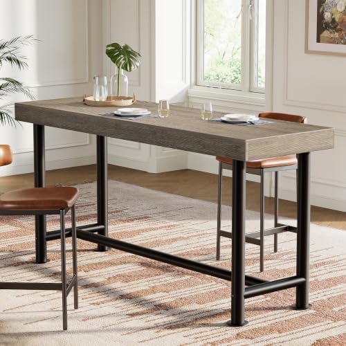 63" Solid Wood Bar Table, Long Counter Height Pub Top Table, Narrow Dining Breakfast Bar Units with Metal Sturdy Legs for Home Kitchen, Living Room, Bistro, Easy to Assemble