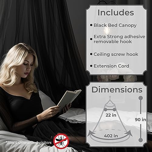 Bollepo Bed Canopy for Adults, Black Canopy Bed - Canopy for Bed, Netting Room Decor, Ceiling Tent, Canopy for Single, Twin, Full, Queen Size Kids Bed, Fire Retardant Fabric