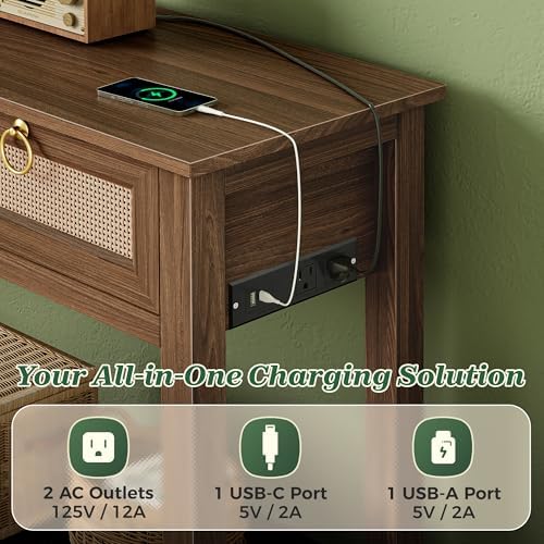 SUPERJARE Rattan Console Sofa Table with Outlets, USB-C Port and 3 Drawers