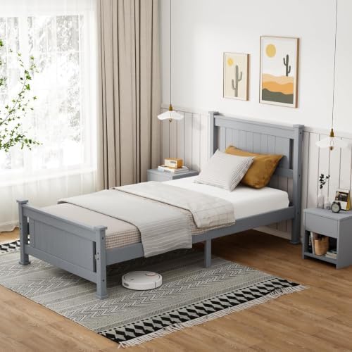 Bonnlo Twin Size Solid Wood Platform Bed Frame Kids Bed, Single Bed with Headboard, No Box Spring Needed Panel Bed, Wood Slat Support Mattress Foundation, Gray