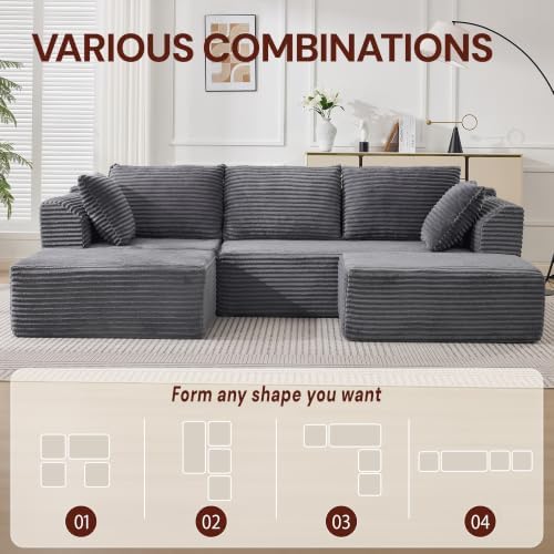 Korser 110" Boneless Couch, Modular Sectional Sofa, U-Shaped Couch with Deep Seat, Boneless Cloud Couch with Side Pockets for Living Room, Apartment, No Assembly Required, Comfy Corduroy