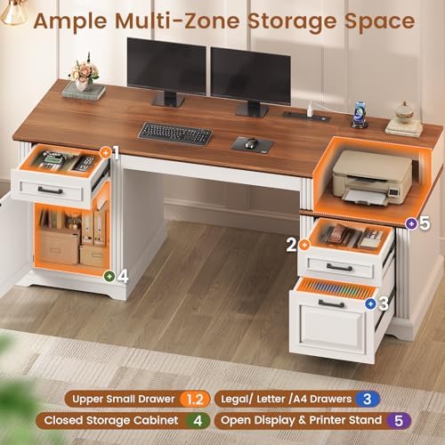 SEDETA Farmhouse Executive Desk, 62'' Home Office Desk with File Drawers, 3Drawer and Storage Cabinet, Computer Desk with Power Outlet for Home Office, Work Study Writing, White + Walnut
