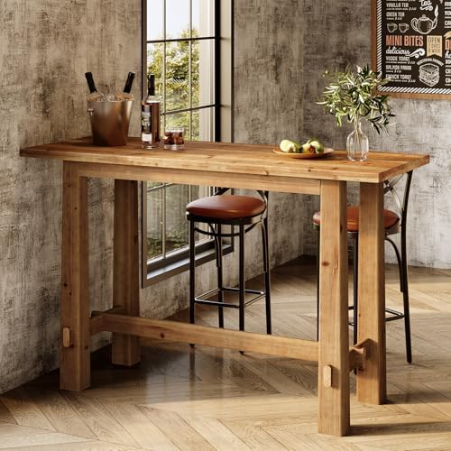 Solid Wood Bar Table, 63-Inch Farmhouse Bar Height Pub Table for Kitchen Dining Room, Rustic Wooden Bistro Table with Sturdy Legs for Home Bar, Apartment, Cafe, Natural Brown