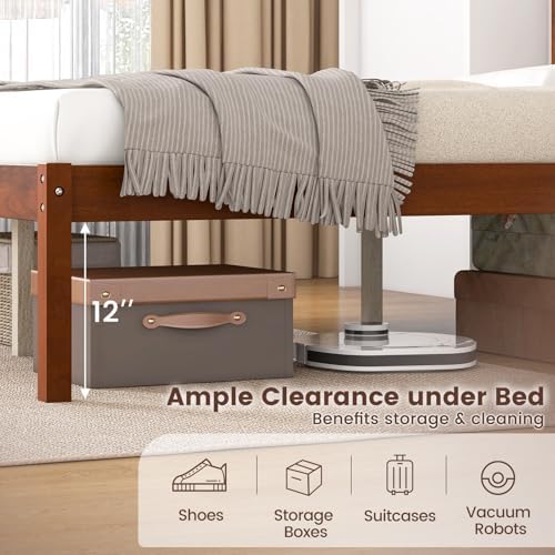 GIANTEX Full Size Wood Platform Bed with Headboard, Mid Century Solid Wood Full Bed with Slat Support, Double Bed Frame with 16" Under Bed Storage, No Box Spring Needed, Easy Assembly, Walnut