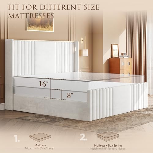 55" Tall King Size Platform Bed Frame with 2 Reading Lights, Cream
