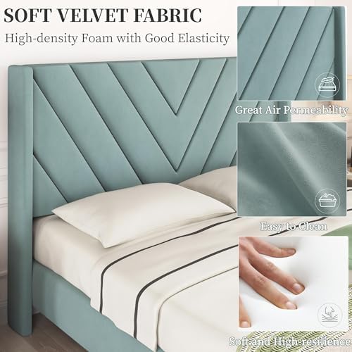 Yaheetech Queen Bed Frame with Chevron Channel-Tufted Headboard, Blue Lake