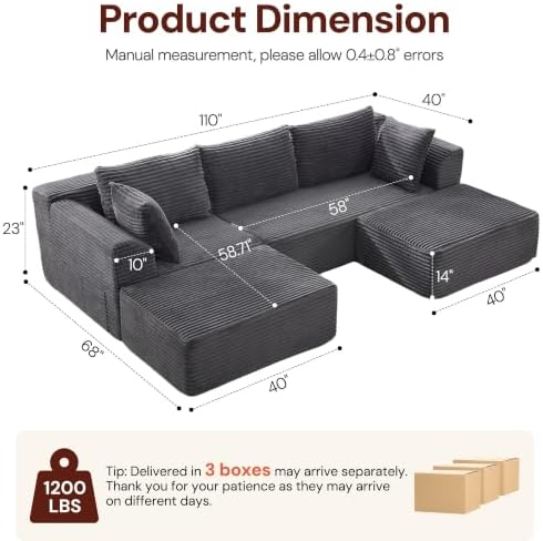 Korser 110" Boneless Couch, Modular Sectional Sofa, U-Shaped Couch with Deep Seat, Boneless Cloud Couch with Side Pockets for Living Room, Apartment, No Assembly Required, Comfy Corduroy