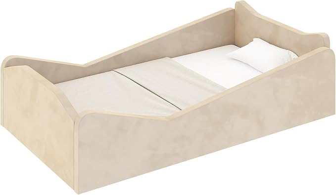 JOYMOR Toddler Bed, Floor Bed with Safety Guadrail, Montessori Toddler Bed with Animal Ear Shapes, Soft Velvet Wood Bed for Infant, Kids, Mattress not Included (Beige)