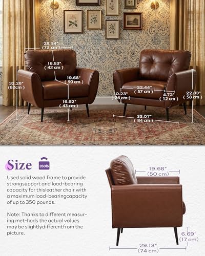 Brown Leather Accent Chair, Tufted Reading Arm Chair for Living Room Office