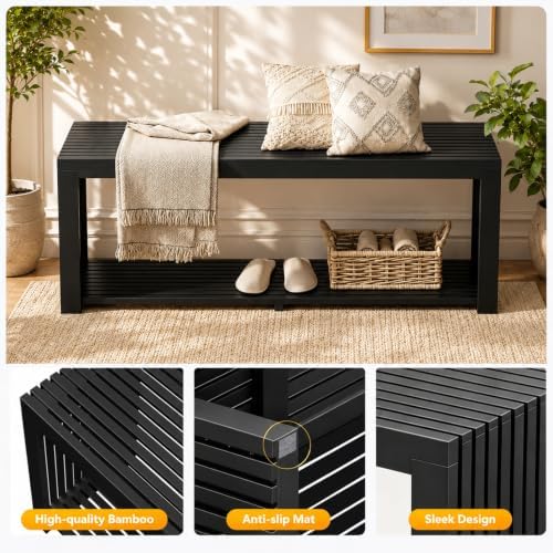 Bamboo Bench with Shelf, 35'' Entryway Bench Seat, Black