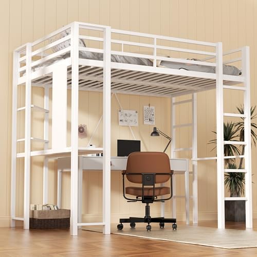 Nuturelly Full Size Loft Bed with Desk, 13" Guardrails, Noise-Free, White