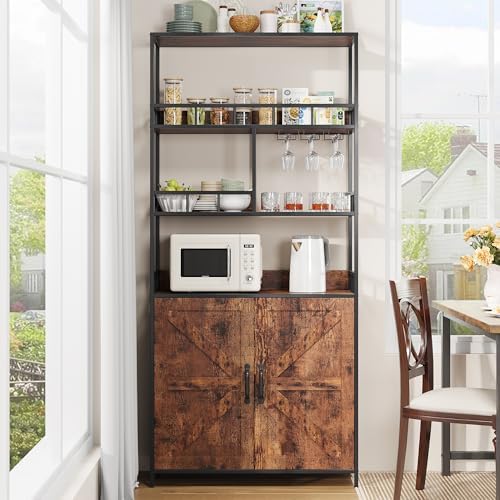 IDEALHOUSE Bar Cabinet Tall Wine Cabinet 70.8" Freestanding Wine Rack Industrial Liquor Cabinet with Glass Holder 5 Tier Bakers Rack with Cabinet Standing Microwave Stand Large Kitchen Storage Rack