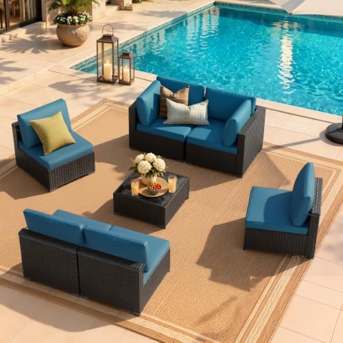 LOUVIXA 7 Piece Outdoor Patio Furniture Set, Outdoor Sectional Sofa, Wicker Rattan Patio Furniture, Patio Conversation Set with Coffee Table & Cushions