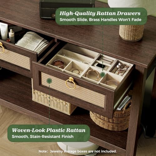 SUPERJARE Rattan Console Sofa Table with Outlets, USB-C Port and 3 Drawers