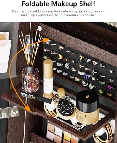 360 Rotating Jewelry Armoire Organizer with Lights, Lockable Cabinet Standing, Perfect for Christmas Gifts (Brown)