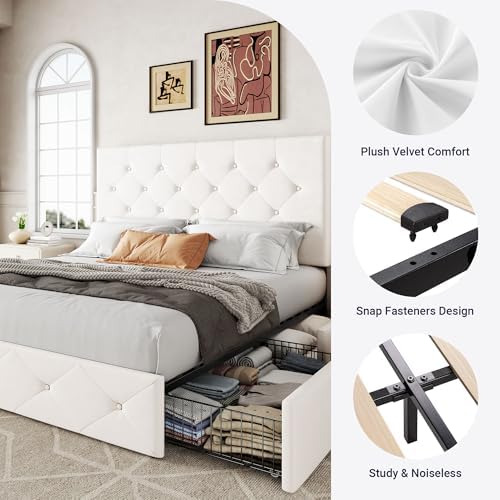 Allewie Full Size Storage Bed Frame with 4 Underbed Drawers, Upholstered Platform Bed with Adjustable Headboard, Diamond Button Tufted, Easy Assembly, Noise-Free, No Box Spring Needed, Soft White