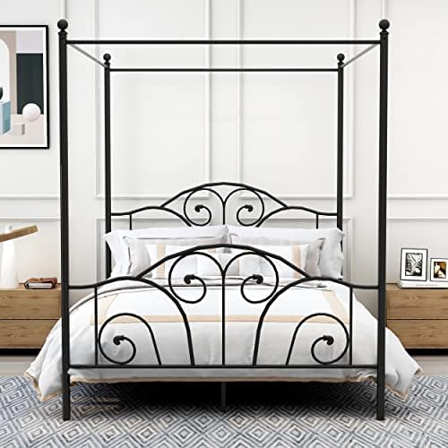 Queen Size Four-Poster Metal Canopy Bed Frame, Black