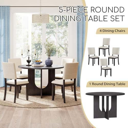Zevemomo 47.3" Round Solid Wood Dining Table Set for 4, Black