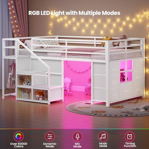 BTHFST Low Loft Bed Twin Size with Stairs,LED Lights,7 Large Drawers, White