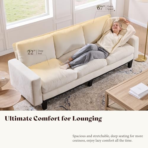AMERLIFE 3 Seater Sofa, Deep Seat Couch with Metal Support, Chenille Cream