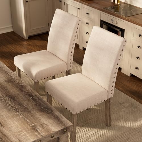 Morden Fort Farmhouse Style Dining Chairs Set of 2, Rustic Upholstered Kitchen & Dining Room Chairs with Rivet Detailing, Solid Wood Legs & Sturdy Wooden Chair Design for Comfortable Seating