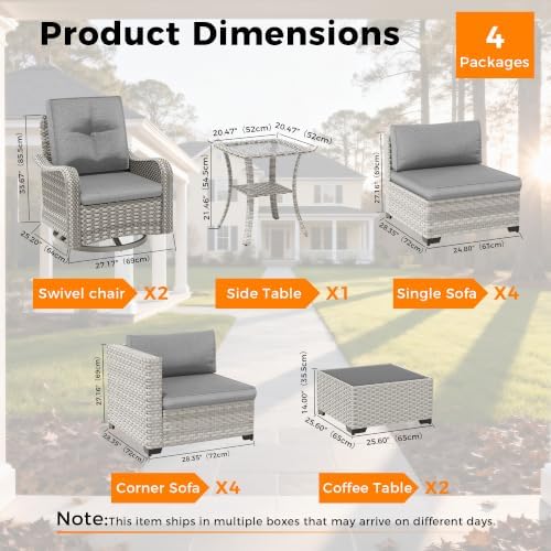 10-Seat Modern Patio Furniture Set with Swivel Rocking Chairs, Thick 4″ Cushions, Dual-Strand Wicker Rattan, Rust-Resistant Steel Frame – Outdoor Conversation & Modular Sectional,Black