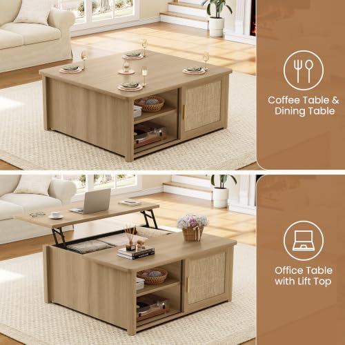 SEDETA 31.5" Lift Top Coffee Table with Storage, Square Coffee Tables for Living Room, Farmhouse Coffee Table with Large Hidden Storage Compartment and Adjustable Shelves, Rattan Oak