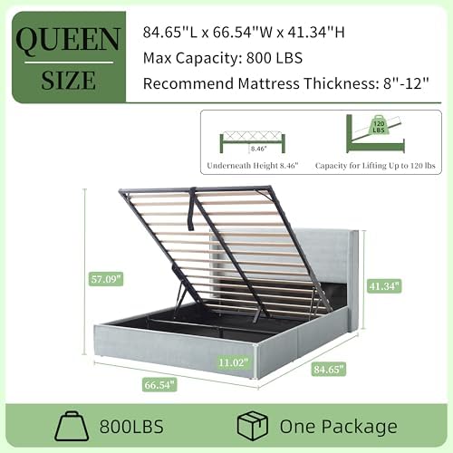 Queen Lift Up Storage Bed, Corduroy Platform Bed with Headboard, Light Blue