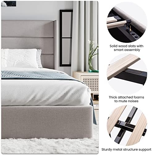 SHA CERLIN King Size Lift Up Hydraulic Storage Bed Frame Light Beige