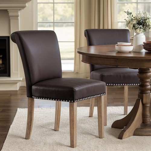 CHUN YI Dining Chairs Set of 2, Faux Leather Dining Room Chairs, Upholstered Modern Kitchen Parsons Chairs for Dining Room with Sturdy Wood Legs, Vintage Brown