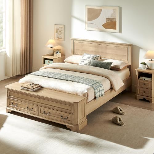 T4TREAM Farmhouse Queen Bed with Headboard and Storage Bench (Natural Oak)
