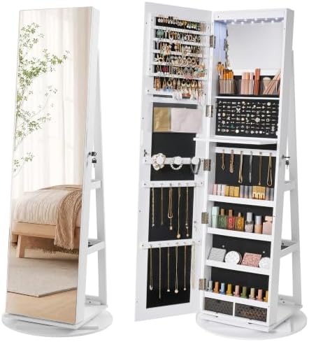 SONGMICS HOME Standing Jewelry Armoire, Full Length Mirror with Storage | Lockable Jewelry Cabinet with 6 LED Lights, Floor Mirror, Built-in Vanity, White Surface, Black Lining UJJC007W01SH