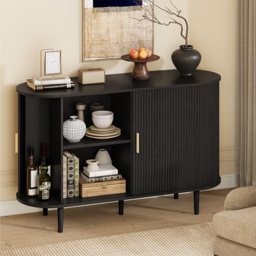 47.2" Sideboard Buffet Cabinet with Sliding Door,Fluted Cabinet with Storage & 2 Adjustable Shelfs,Mid Century Modern Coffee Bar Console Table for Kitchen, Living Room, Entryway，Black