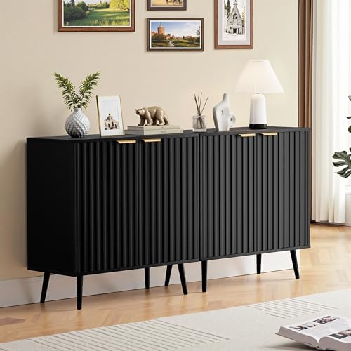 Fluted Storage Cabinet, Buffet Cabinet with Storage, Wood Sideboard with Adjustable Shelf, Modern Accent Cabinet & Console Table for Entryway, Living Room, Dining Room, Black