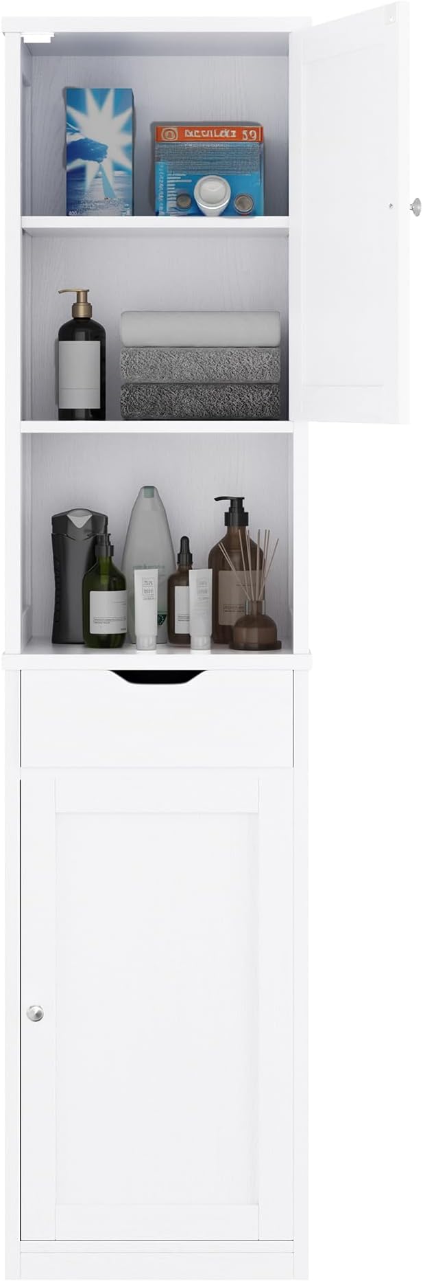 Walsunny Tall Bathroom Storage Cabinet with 6 Adjustable Shelves, White | Anti-Tip Safety, Waterproof MDF, 2 Doors + 1 Drawer, Easy Assembly, for Bathroom/Living Room/Kitchen