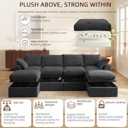 142" Upgraded Boneless Couch with Storage, Modular Sectional Couches for Living Room, Oversized Deep Seat 6-Seat U Shaped Cloud Sofa with Ottoman & Pillows,Corduroy,No Assembly (Gray)