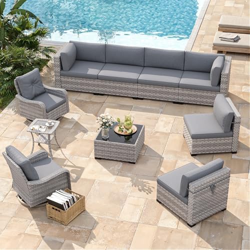 8-Seat Modern Patio Furniture Set with Swivel Rocking Chairs, Thick 4″ Cushions, Dual-Strand Wicker Rattan, Rust-Resistant Steel Frame – Outdoor Conversation & Modular Sectional,Gray