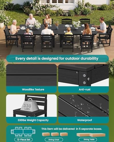 SERWALL HDPE Outdoor Dining Furniture, Outdoor Dining Set for 10, Black