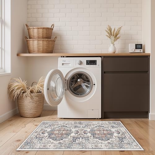 2x4 Washable Kitchen Runner Rug: Vintage Non-Slip Low Pile Entryway Area Rugs Thin Light Weight Carpet for Nursery Bedroom Soft Water Resisitant Floor Mat for Bathroom Laudry Room(2x4,Brick)