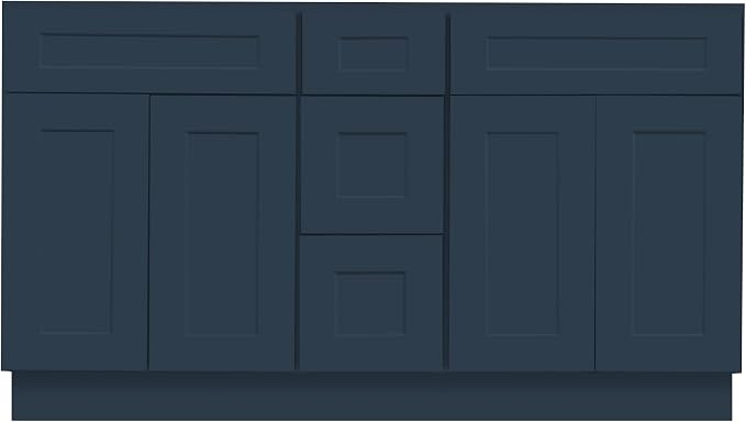 Riley & Higgs Navy Blue Shaker Double Sink Vanity, 60"Wx34.5"Hx21"D | Shaker-style double door base cabinet built for a 60-inch double-sink vanity setup