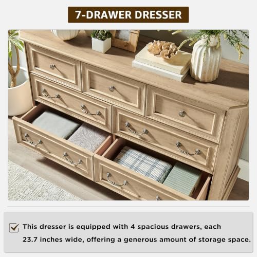 T4TREAM Farmhouse 7 Drawers Dresser for Bedroom, 54" Wide Wood Rustic Chest of Drawers with Natural Texture, Vintage Design, Storage Dressers Organizer for Bedroom, Living Room, Hallway, Natural Oak