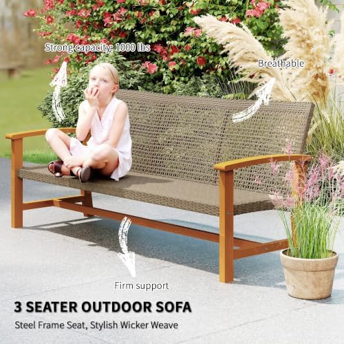 Outsunny Wicker Outdoor Couch 3-Seat Patio Sofa 1000 lbs. Capacity Teak