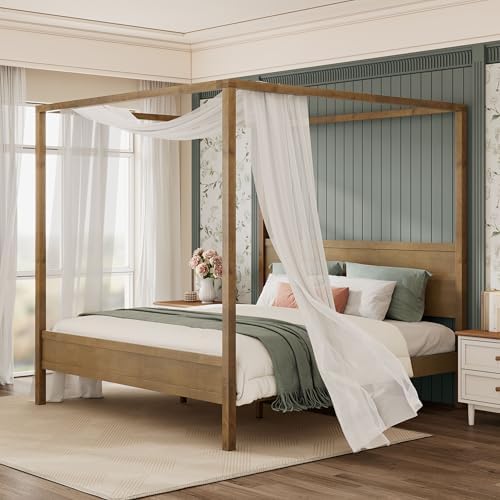 Merax King Canopy Bed Frame with Headboard & 4 Posters, Antique Natural